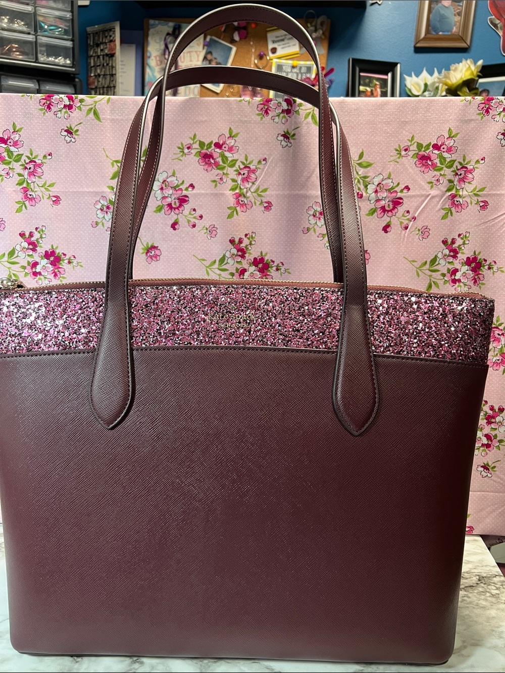 kate spade Plum Tote with Pink Glitter Trim